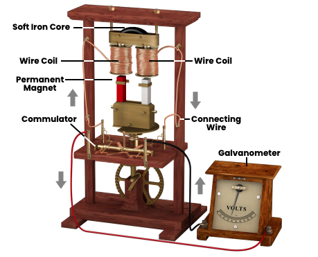 Illustration of Hippolyte Pixii's dynamo, the first machine to generate electric current